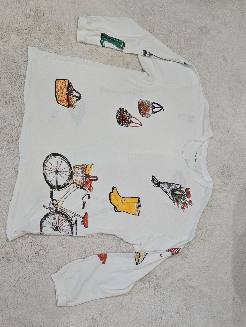 We The Free White Long-Sleeve Tee with Bicycle & Picnic Graphics